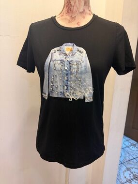 Black Women's Short Sleeve Tee with Embellished Denim Jacket Print